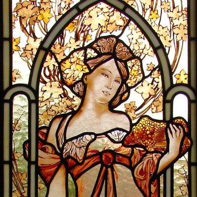 FIGURE STAINED GLASS IN THE ART NOUVEAU STYLE WITH COMPLETE GLASS PAINTING, DIMENSIONS 25x80 cm, 2008
