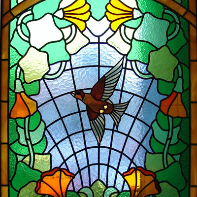 DECORATIVE STAINED GLASS IN THE ART NOUVEAU STYLE, DIMENSIONS 92x130 cm, 2009