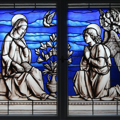 RENAISSANCE STAINED GLASS „LUCCA DELLA ROBBIA“, 90x160 CM, CHURCH OF ST. APOLINÁŘ, PRAGUE, REALIZATION 2015