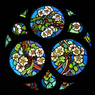 ART NOUVEAU STAINED GLASS ROSETTE IN THE NORTHERN WALL OF ST STEPHANUS CHURCH IN KOUŘIM, UNDATED, RESTORED 2014