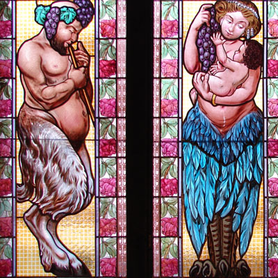 STAINED GLASS FROM BALUSTRADE STAIRS OF THE LUCERNA PALACE, ARTISTS: V. STANĚK AND J. ŠEBEK - PRAGUE 2, VOJTĚŠSKÁ 219, AROUND 1910, RESTORED 2010