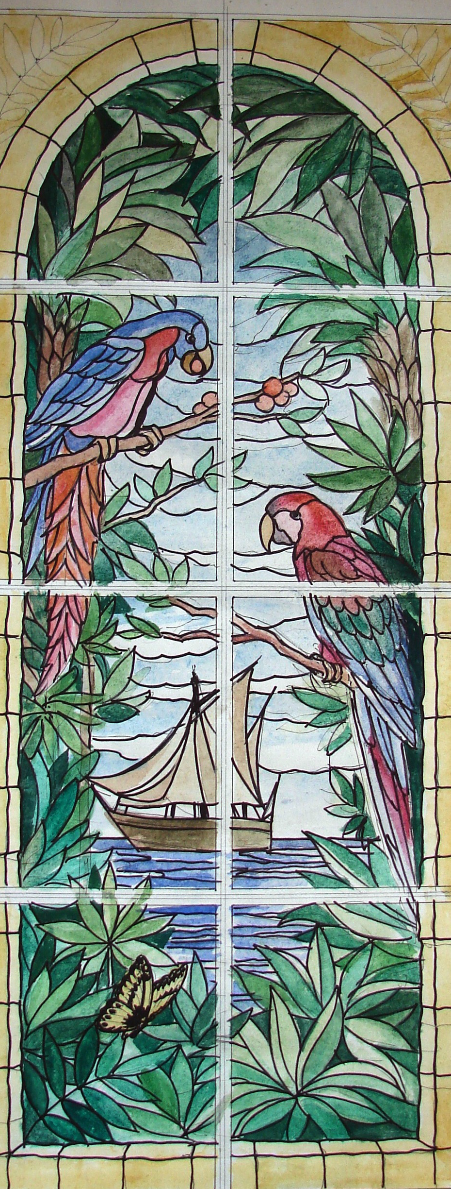 ART STAINED GLASS PAINTER RADEK PÁNÍK - „BAY WITH SAILBOATS AND PARROT“, ART CARTON AND REALIZATION